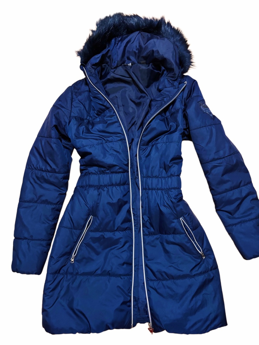 Guess Women's Navy Blue Puffer Coat with Faux Fur Hood